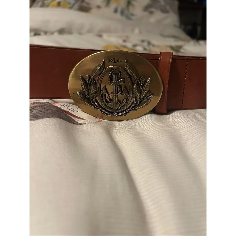VTG Ralph Lauren Tan Leather Belt Brass Anchor Emblem Buckle XL